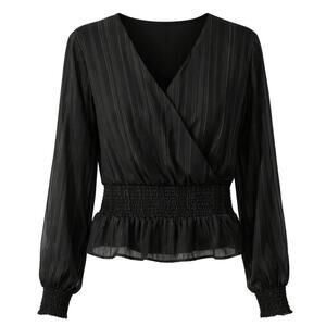Japna Top Women's Sz Large Black Striped Long Sleeve V-Neck Blouse